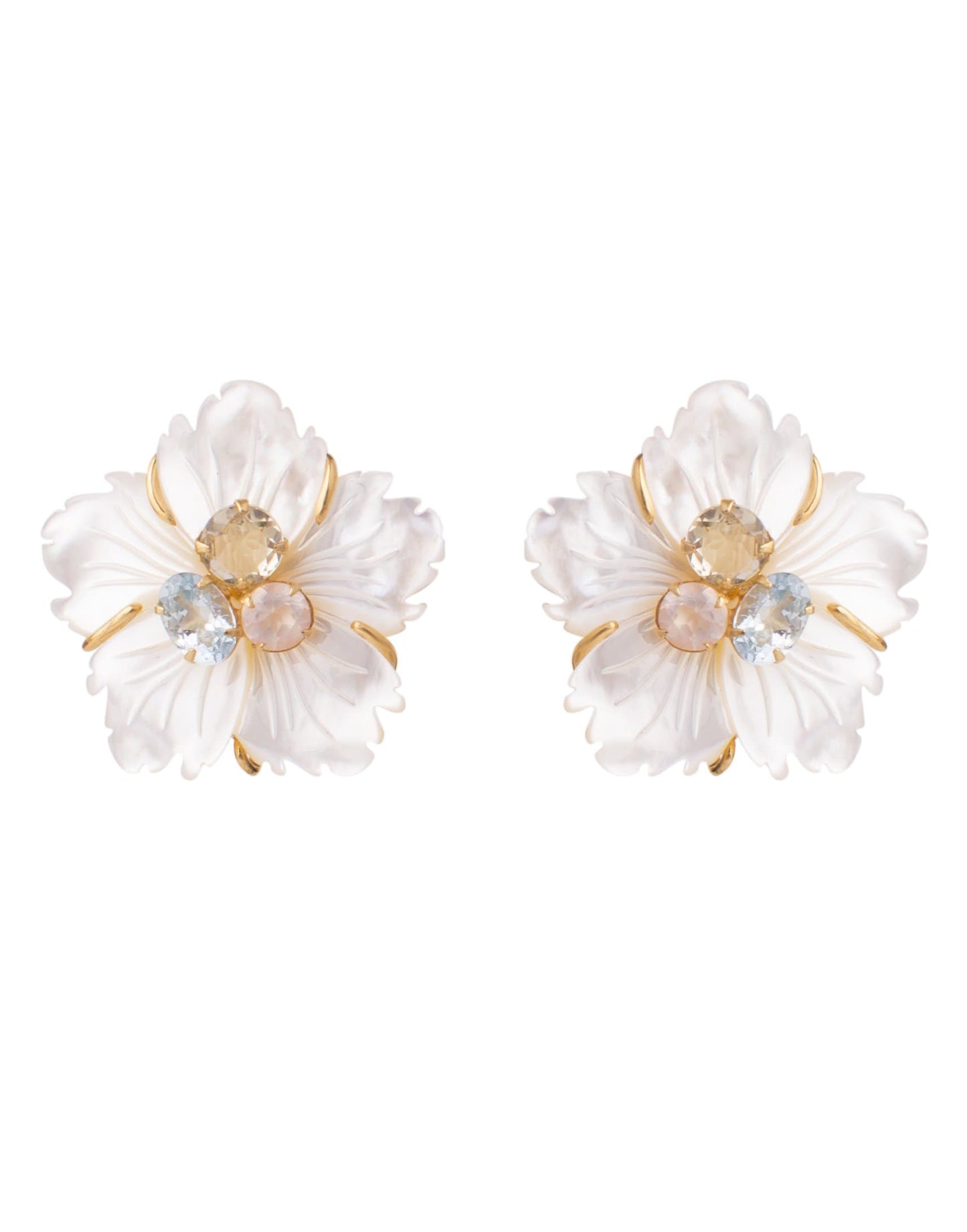 BOUNKIT JEWELRY-Rose Quartz, Lemon Quartz, Blue Quartz & Mother of Pearl Flower Earrings-WHT/MULT