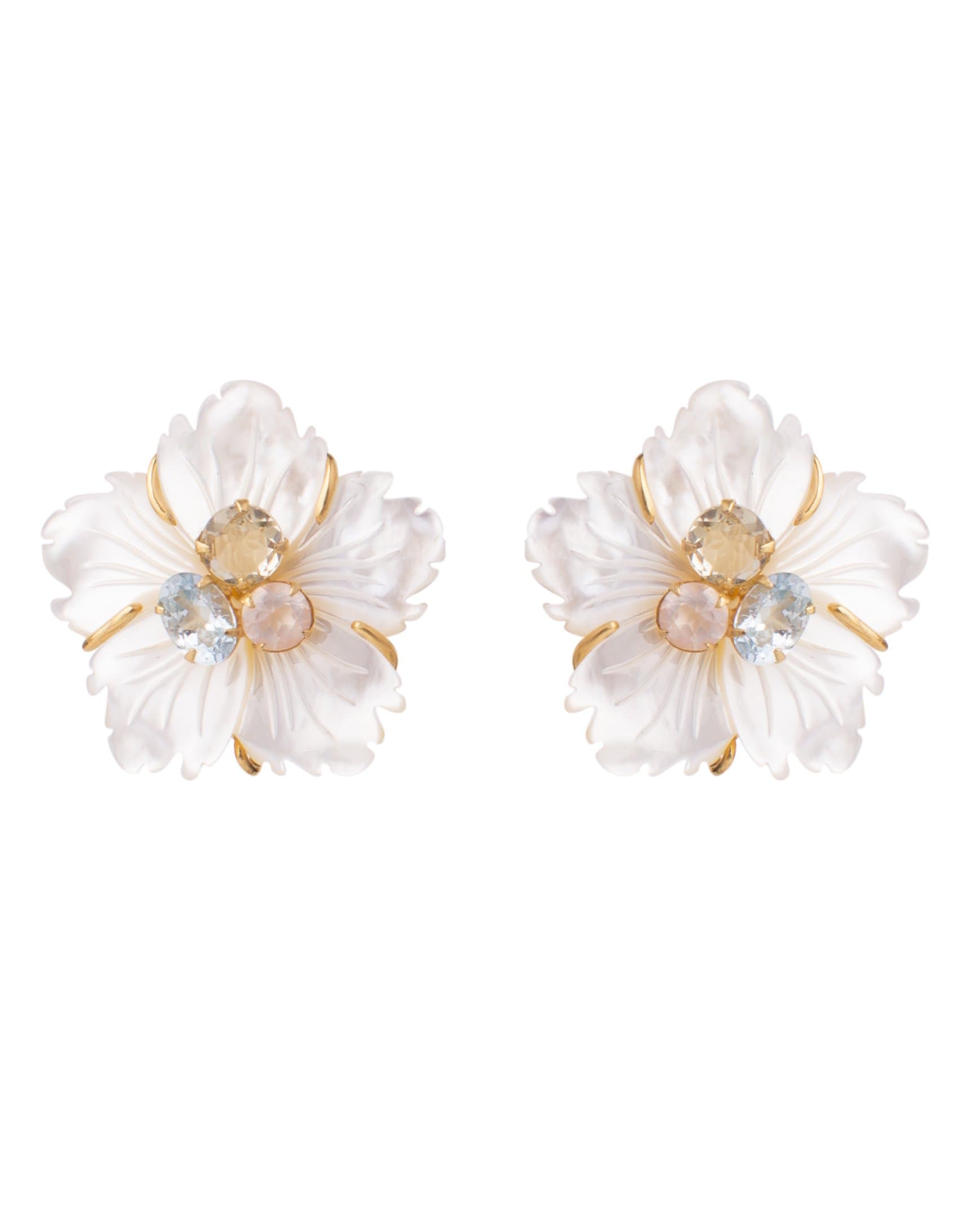 BOUNKIT JEWELRY-Rose Quartz, Lemon Quartz, Blue Quartz & Mother of Pearl Flower Earrings-WHT/MULT