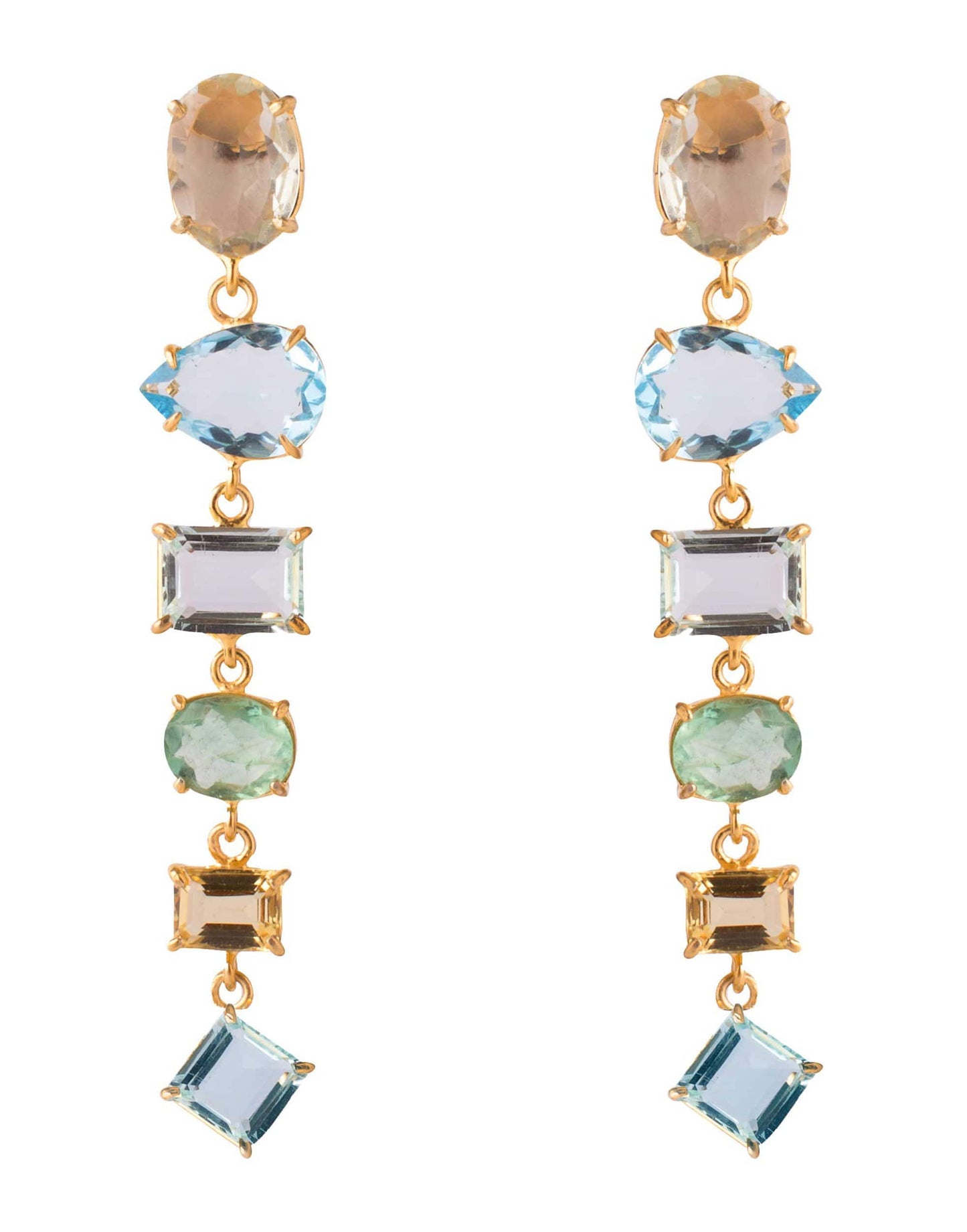 BOUNKIT JEWELRY-4-in-1 Fluorite, Lemon & Blue Quartz Earrings-YELLOW GOLD