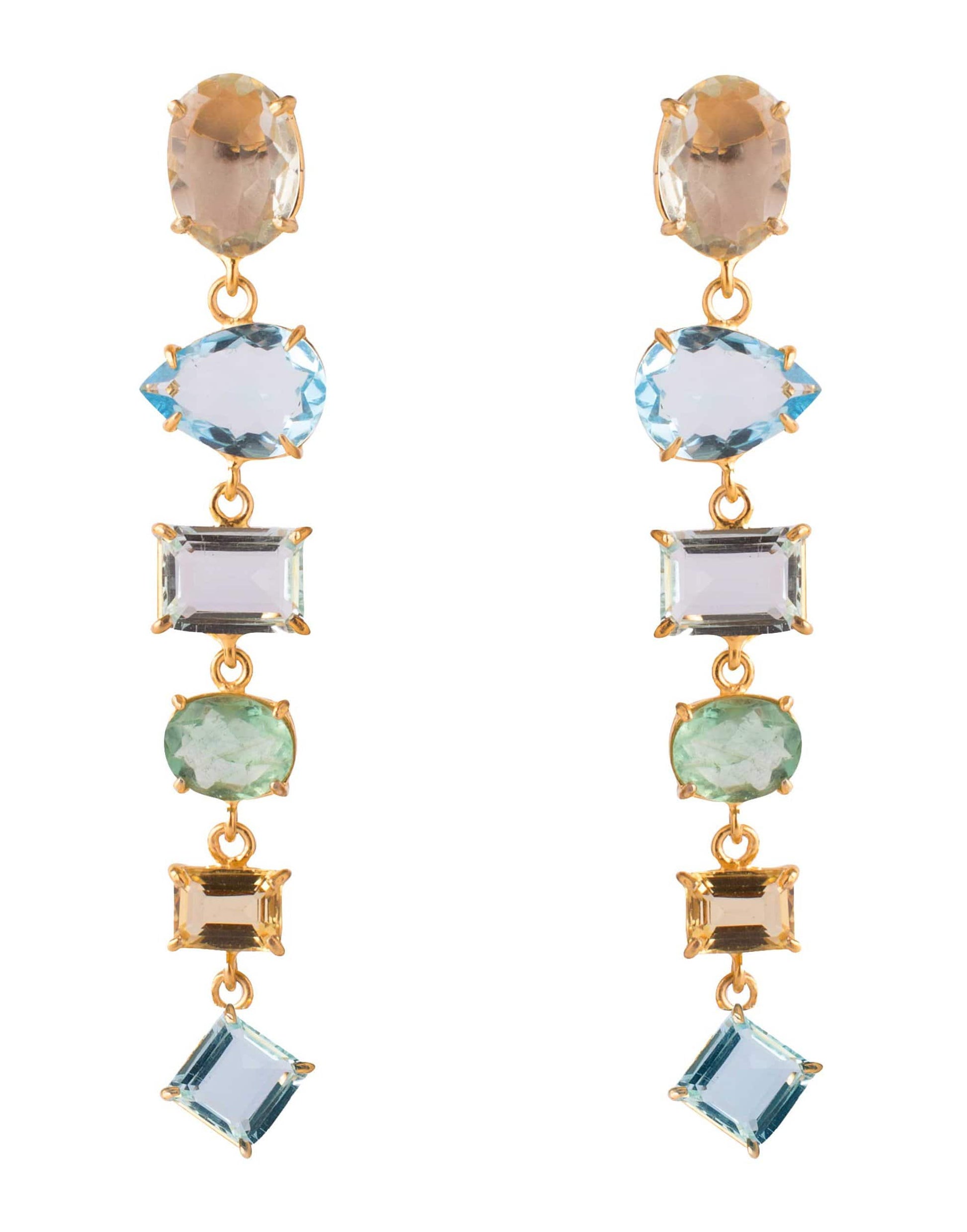 BOUNKIT JEWELRY-4-in-1 Fluorite, Lemon & Blue Quartz Earrings-YELLOW GOLD