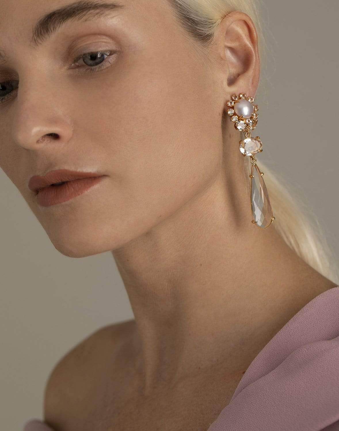 BOUNKIT JEWELRY-4-in-1 Pearl Lemon Quartz & Clear Quartz Earrings-YELLOW GOLD
