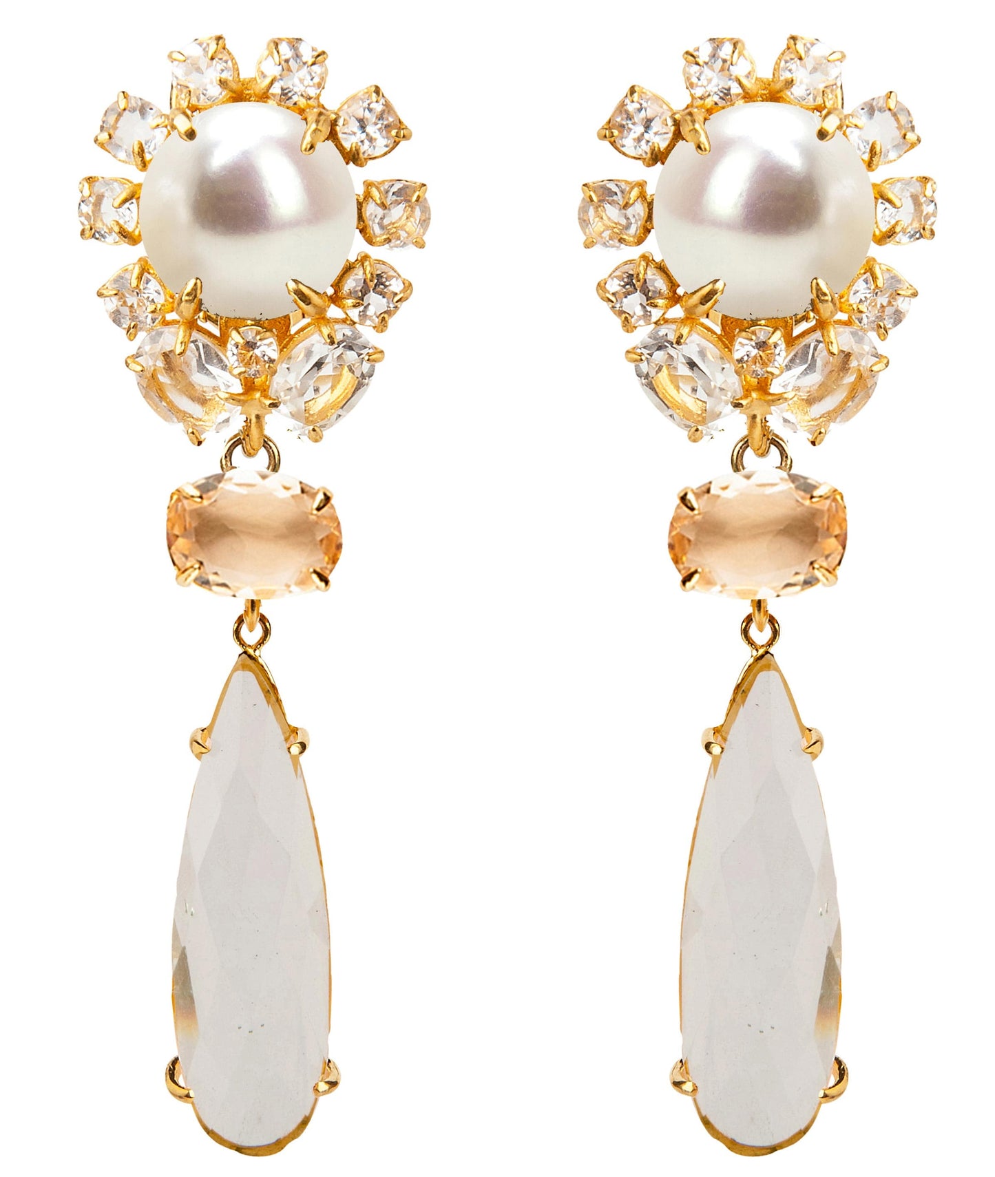 BOUNKIT JEWELRY-4-in-1 Pearl Lemon Quartz & Clear Quartz Earrings-YELLOW GOLD
