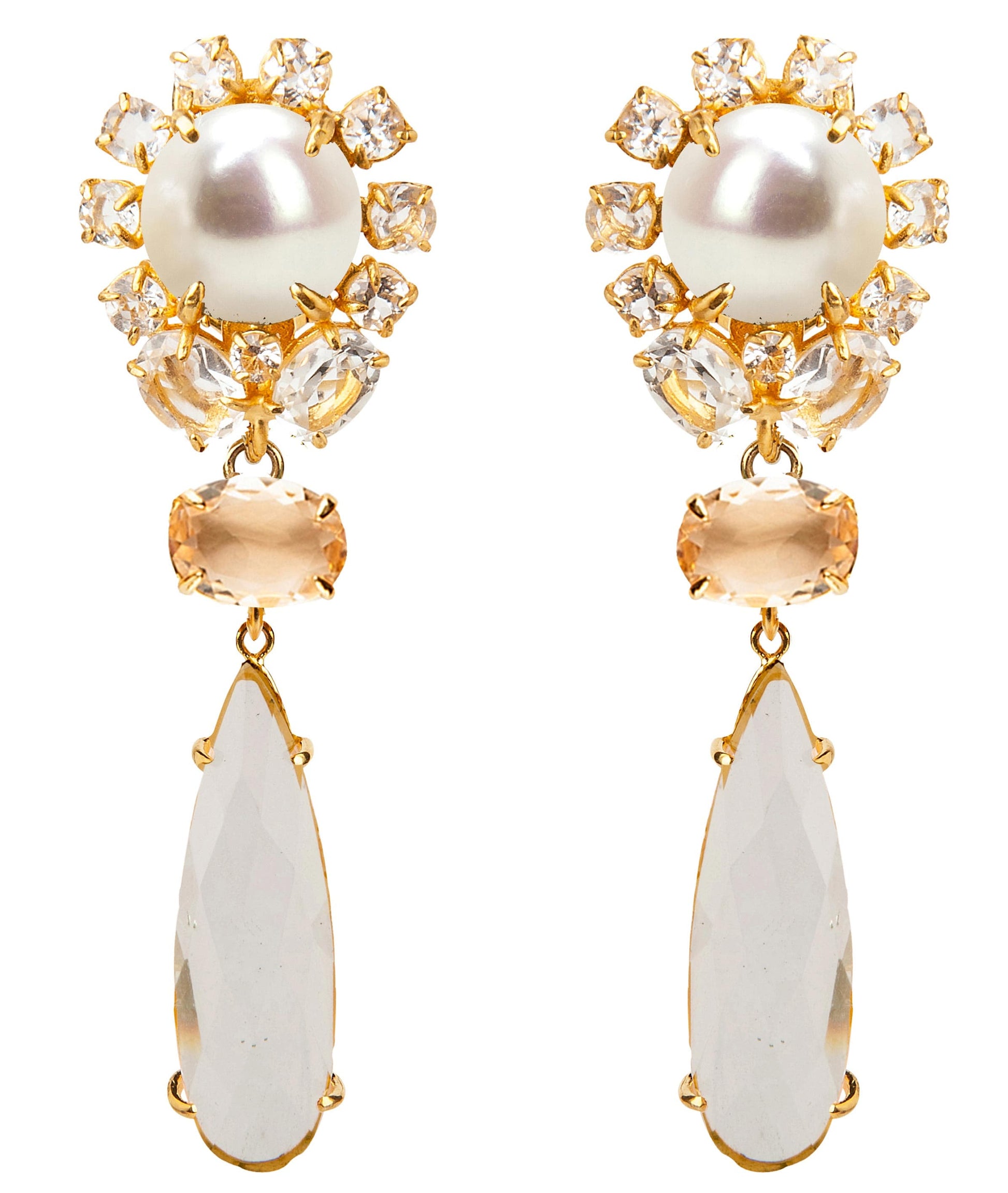BOUNKIT JEWELRY-4-in-1 Pearl Lemon Quartz & Clear Quartz Earrings-YELLOW GOLD