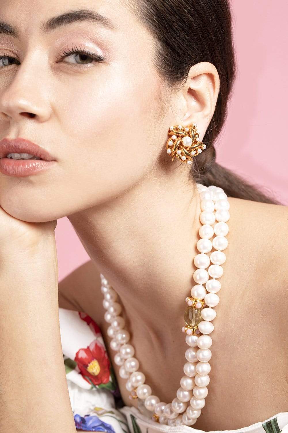 BOUNKIT JEWELRY-Pearl Flower Earrings-YELLOW GOLD