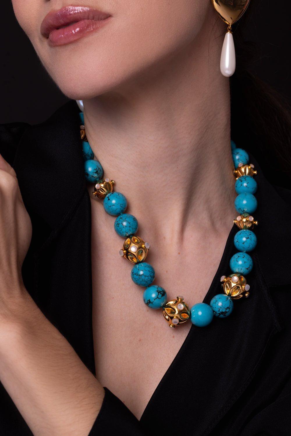 BOUNKIT JEWELRY-Turquoise Pearl Necklace-BLUE