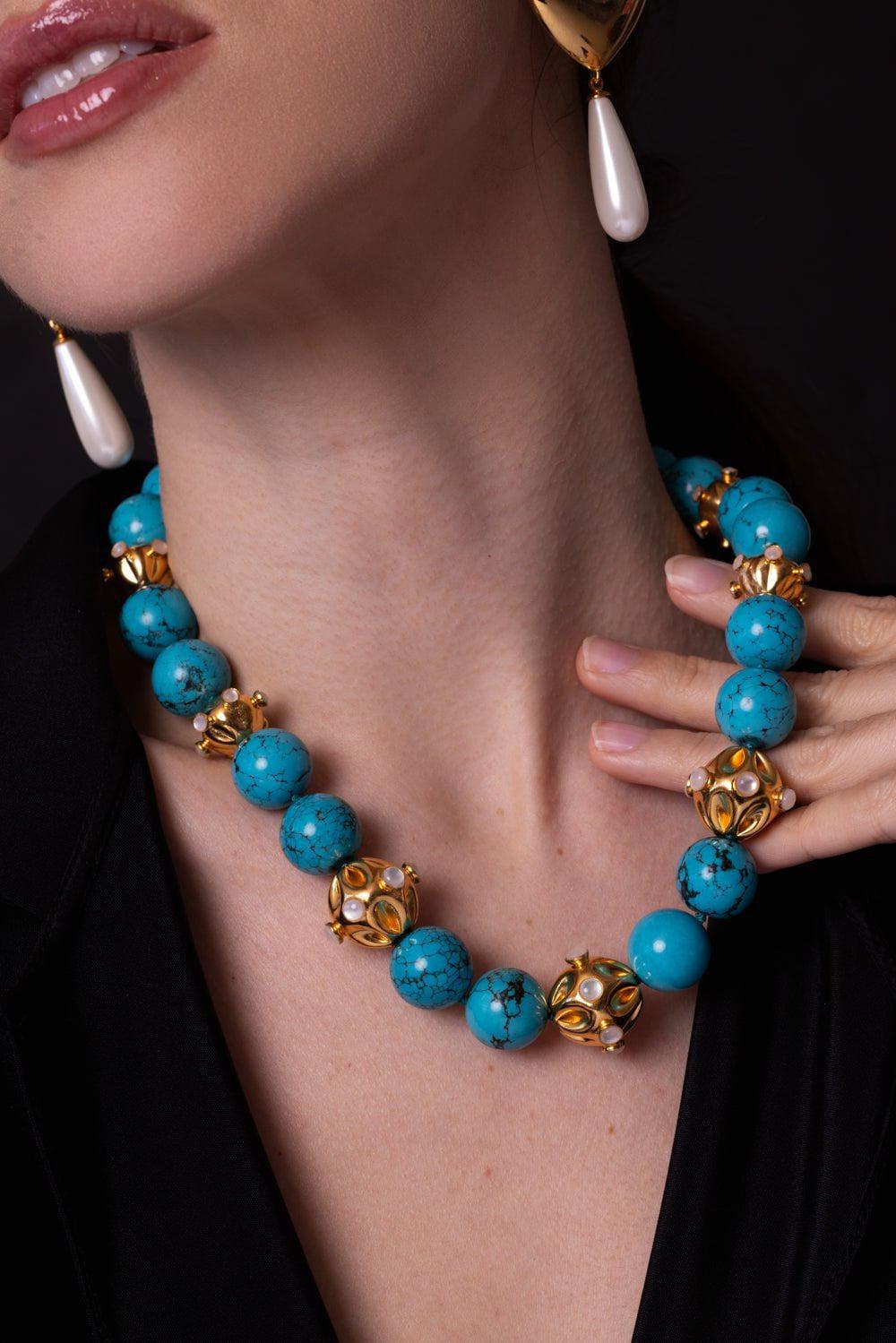 BOUNKIT JEWELRY-Turquoise Pearl Necklace-BLUE