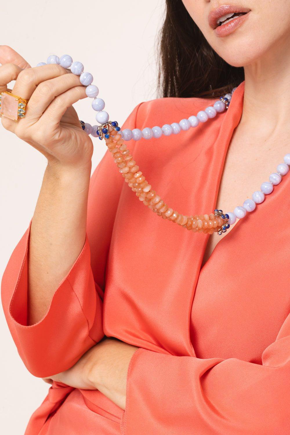 BOUNKIT JEWELRY-Lace Agate Beaded Necklace-BLUE/PNK