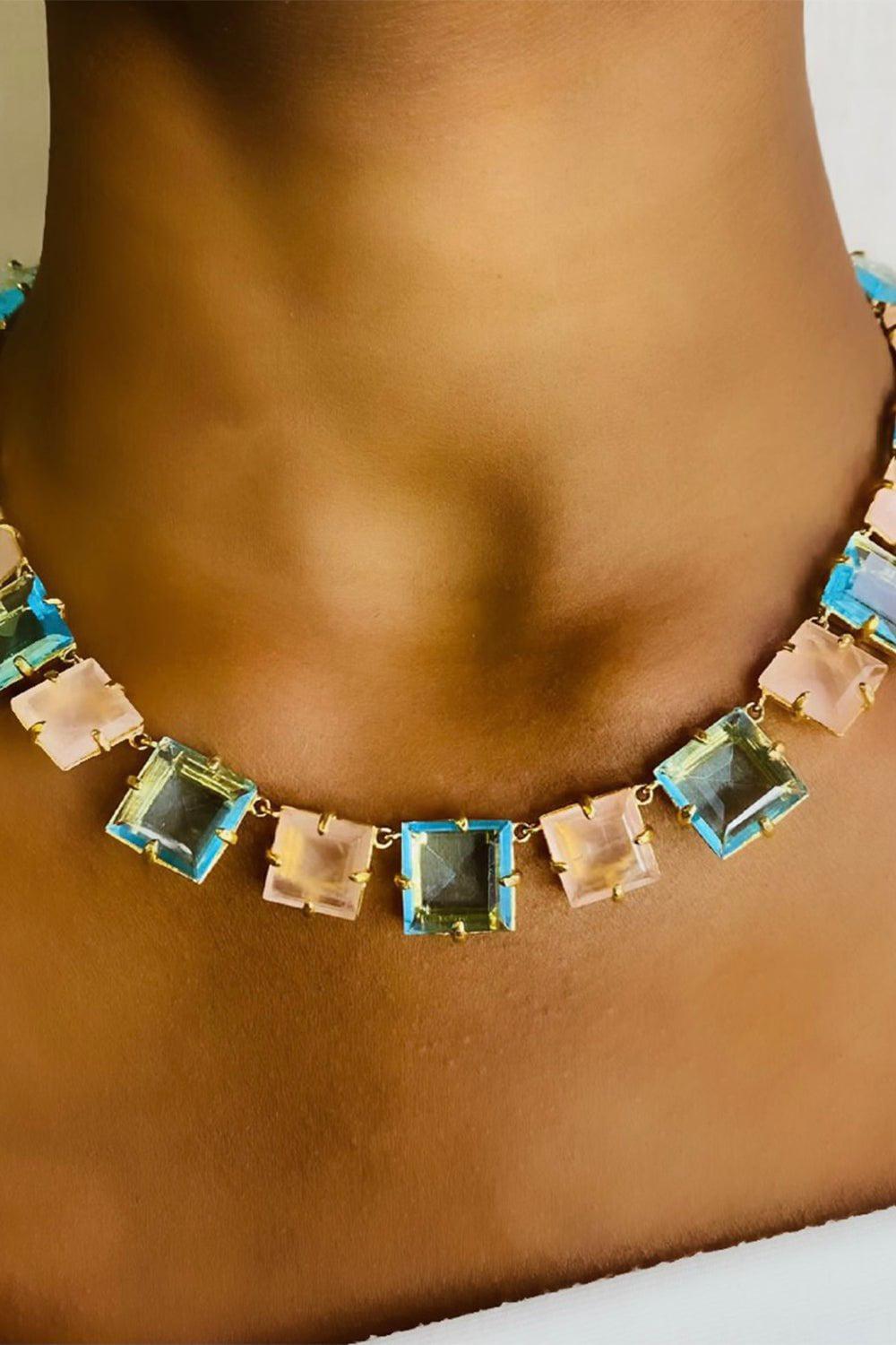 BOUNKIT JEWELRY-Rivierie Square Quartz Necklace-BLUE/PNK