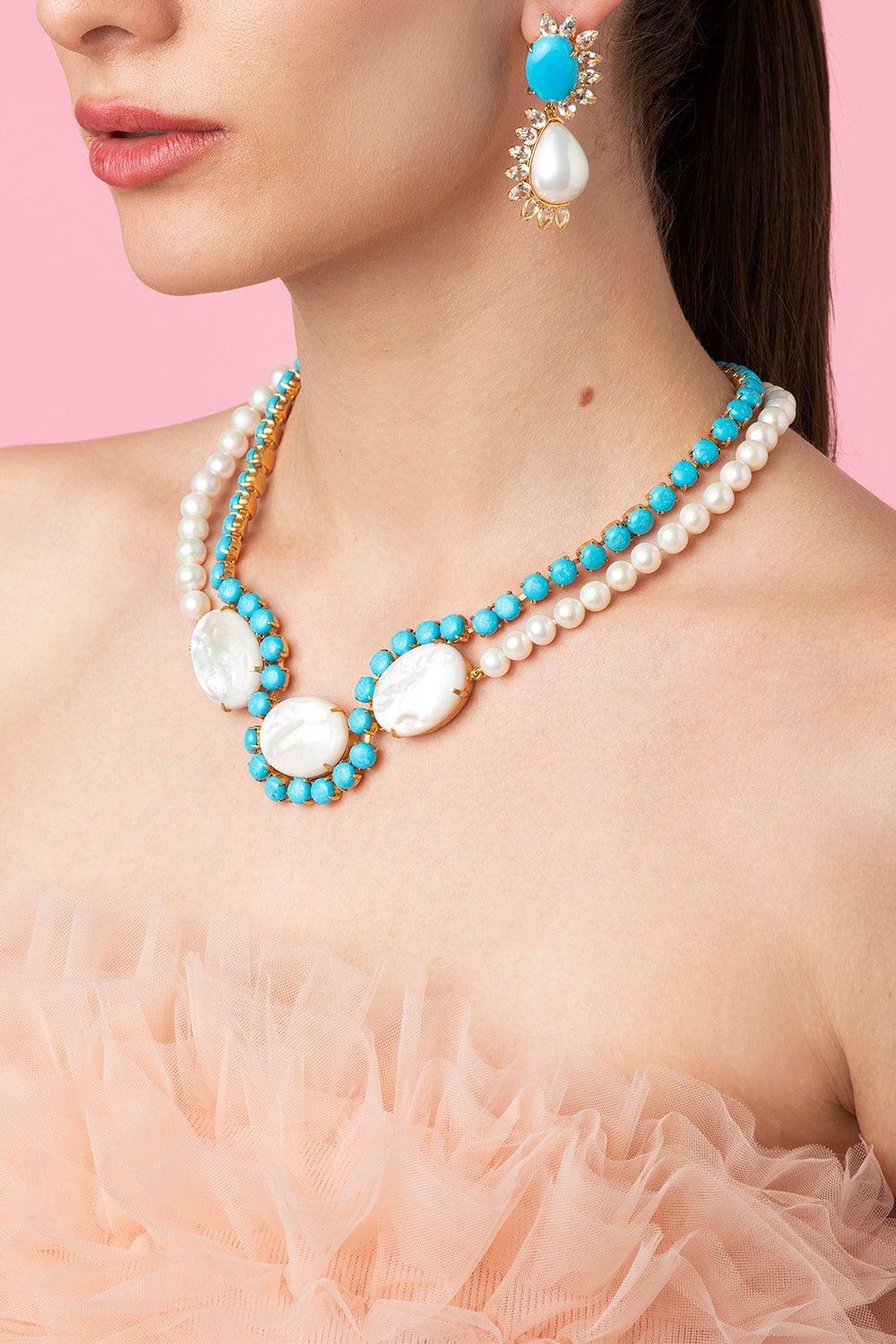 BOUNKIT JEWELRY-Turquoise Pearl Krista Necklace-TURQ/WHT