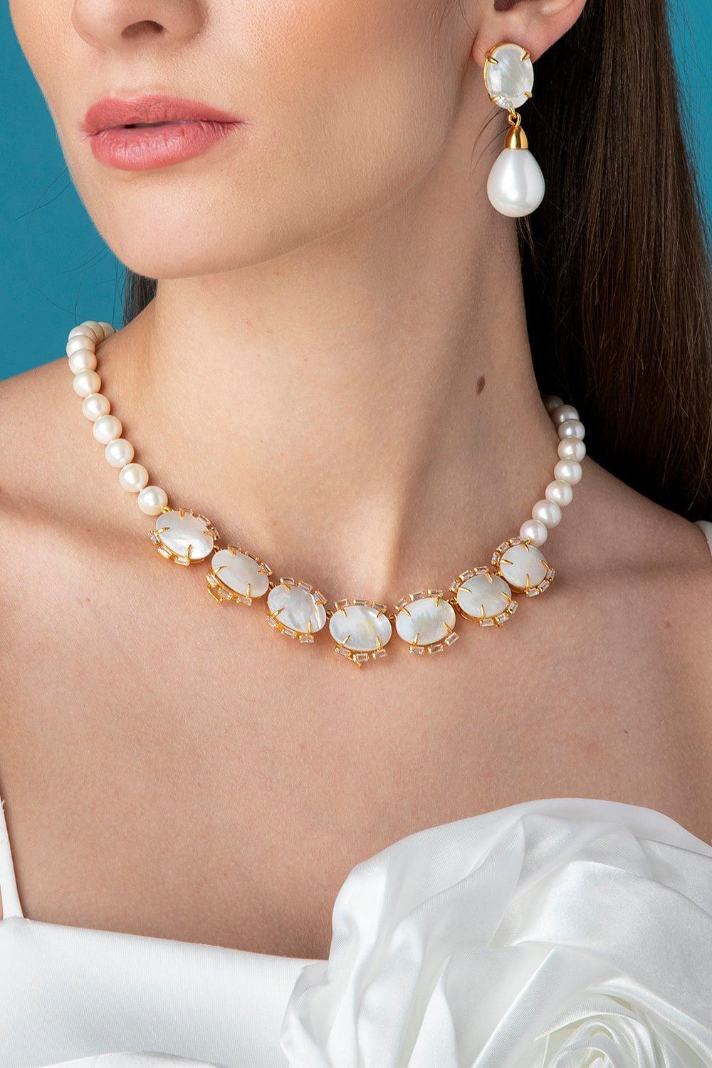 BOUNKIT JEWELRY-Cz Pearl Seven Station Necklace-WHITE