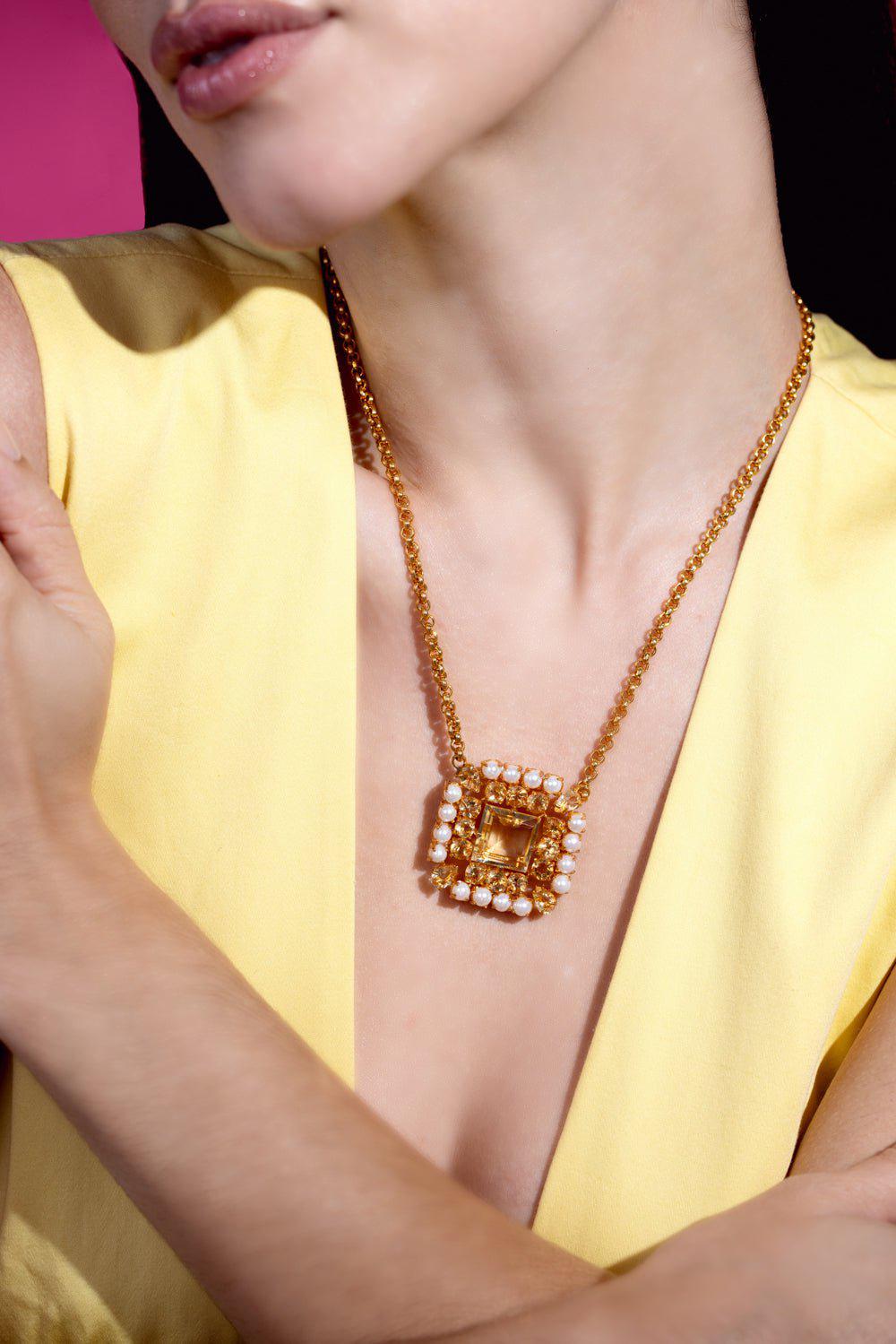 BOUNKIT JEWELRY-Citrine Pearl Pendant Necklace-WHT/GOLD