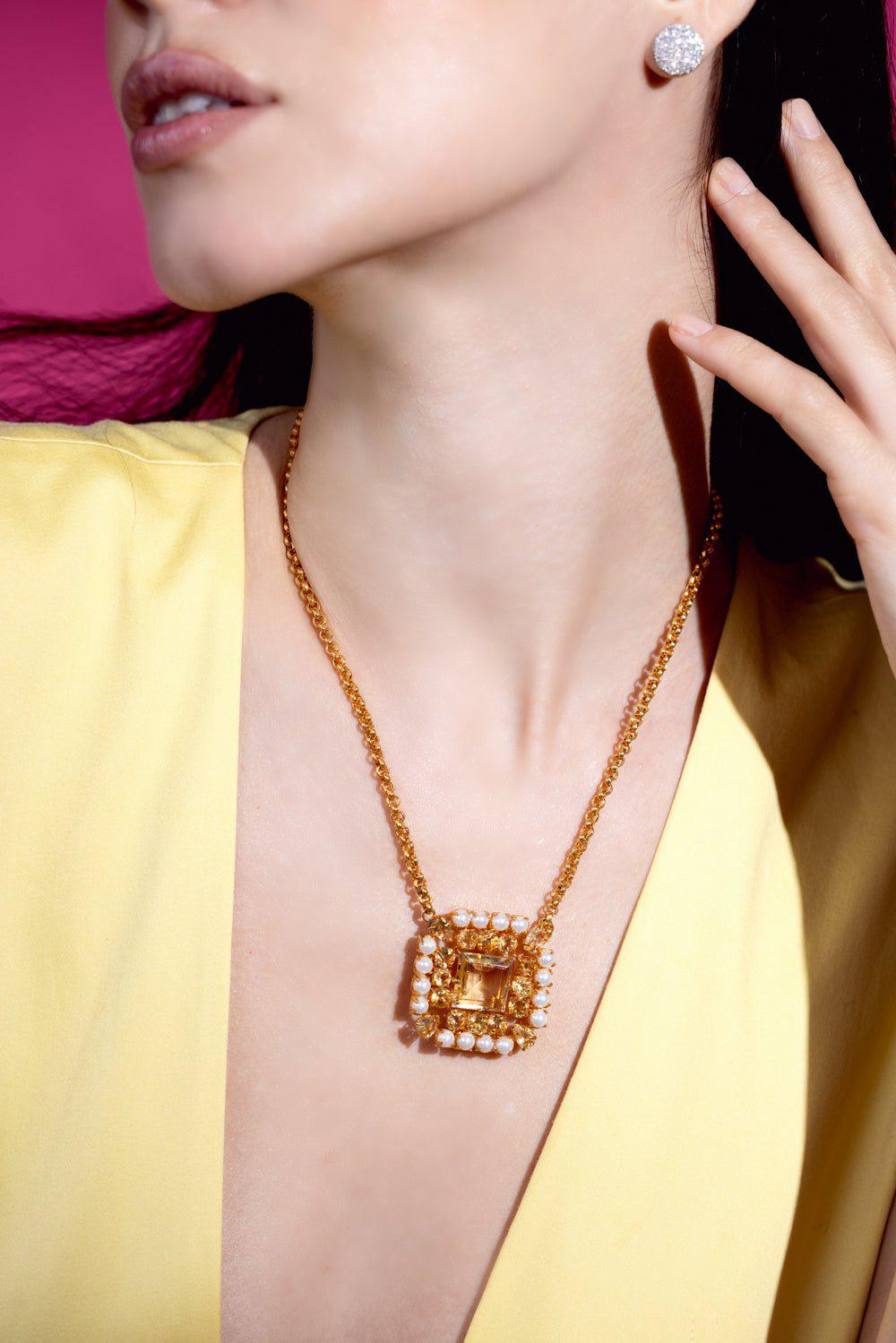 BOUNKIT JEWELRY-Citrine Pearl Pendant Necklace-WHT/GOLD