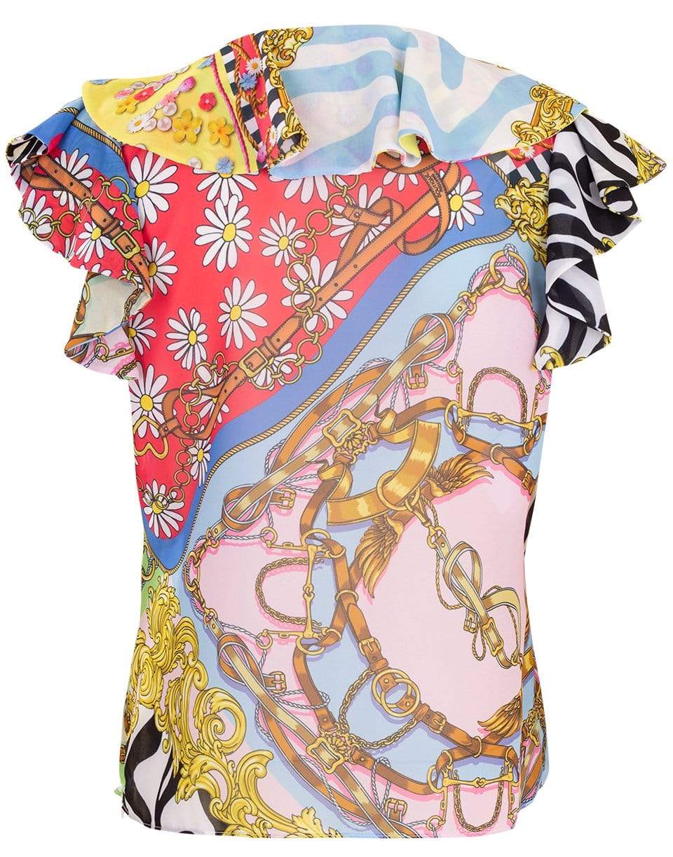 BOUTIQUE MOSCHINO-Fantasy Print Ruffle V-Neck Top-