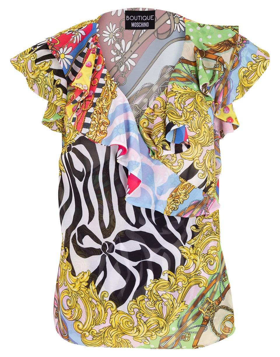 BOUTIQUE MOSCHINO-Fantasy Print Ruffle V-Neck Top-