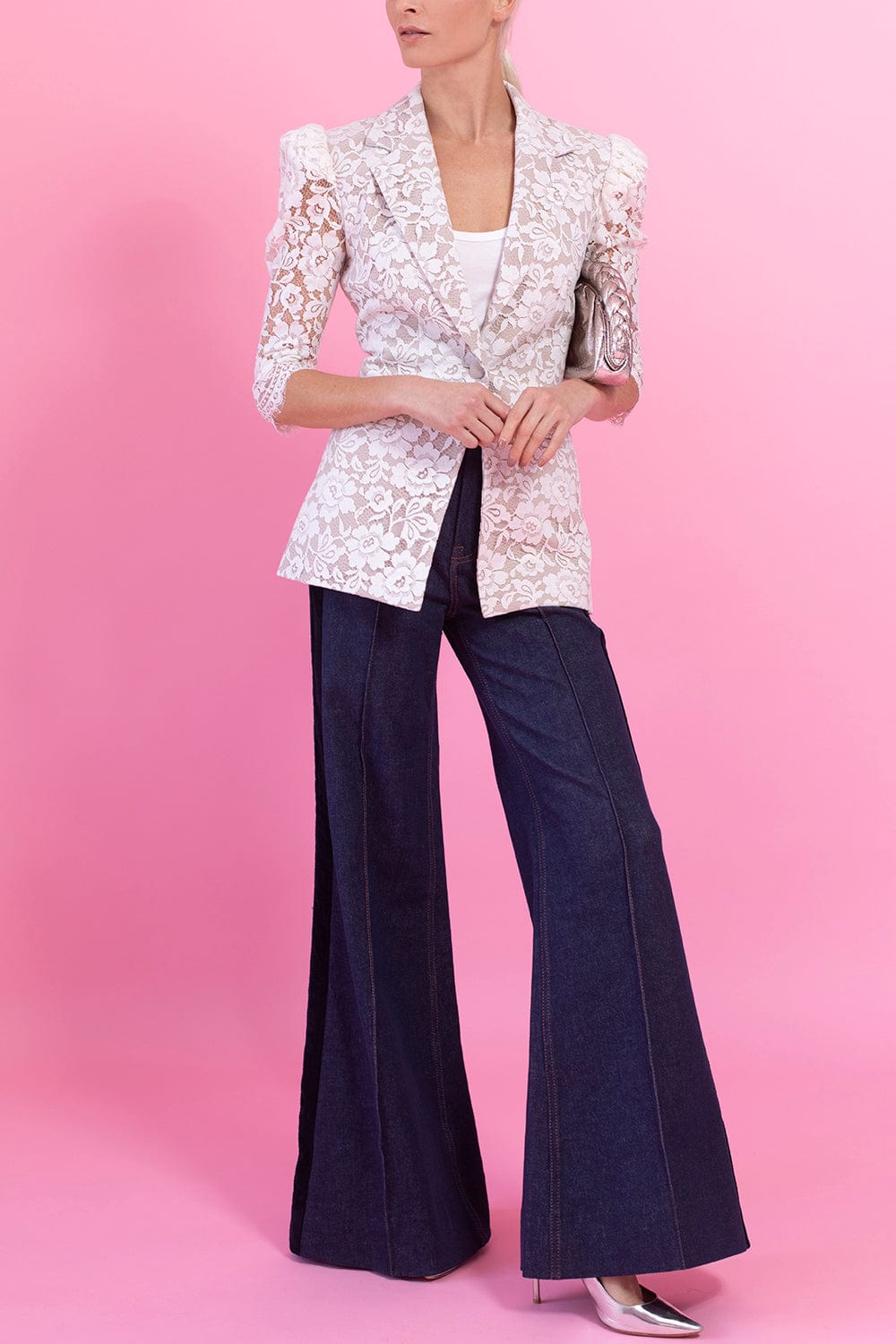 BRANDON MAXWELL-Puff Sleeve Single Breasted Lace Jacket-