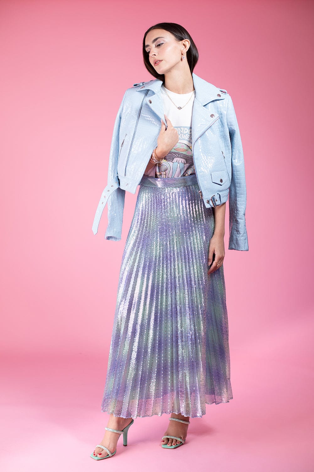 BRANDON MAXWELL-Sequin Pleated Skirt-