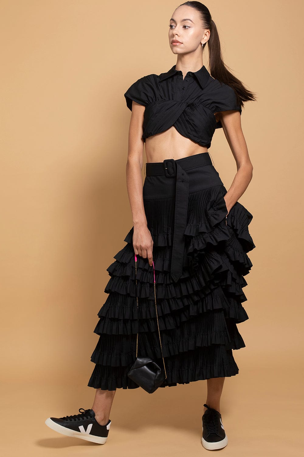 BRANDON MAXWELL-Cropped Top With Pleated Yoke-
