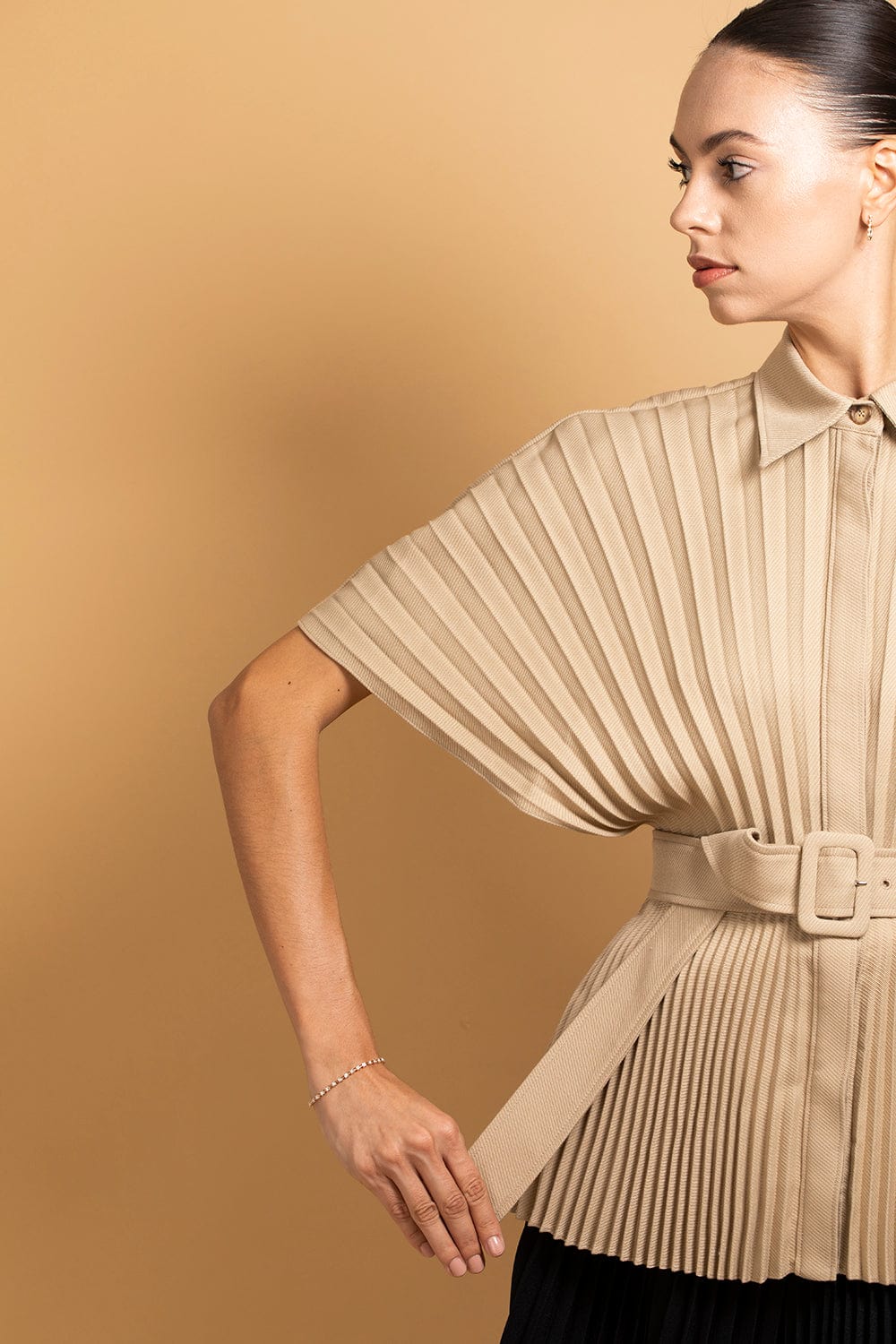 BRANDON MAXWELL-Pleated Button Up Top Belt-