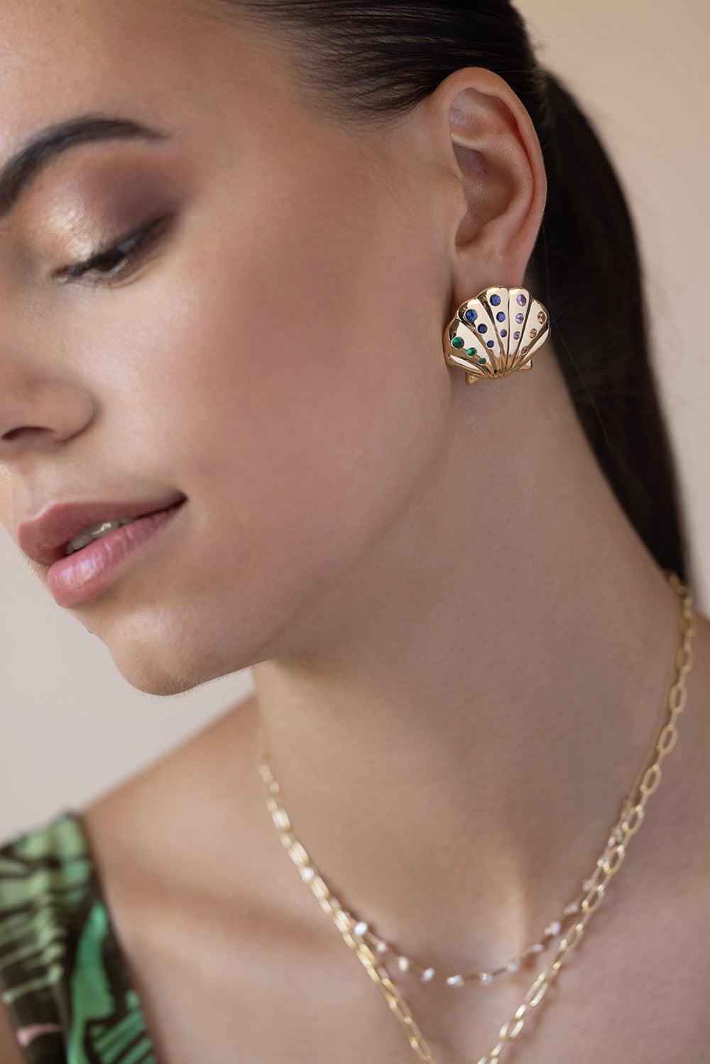 BRENT NEALE-Medium Rainbow Sapphire Shell Earrings-YELLOW GOLD
