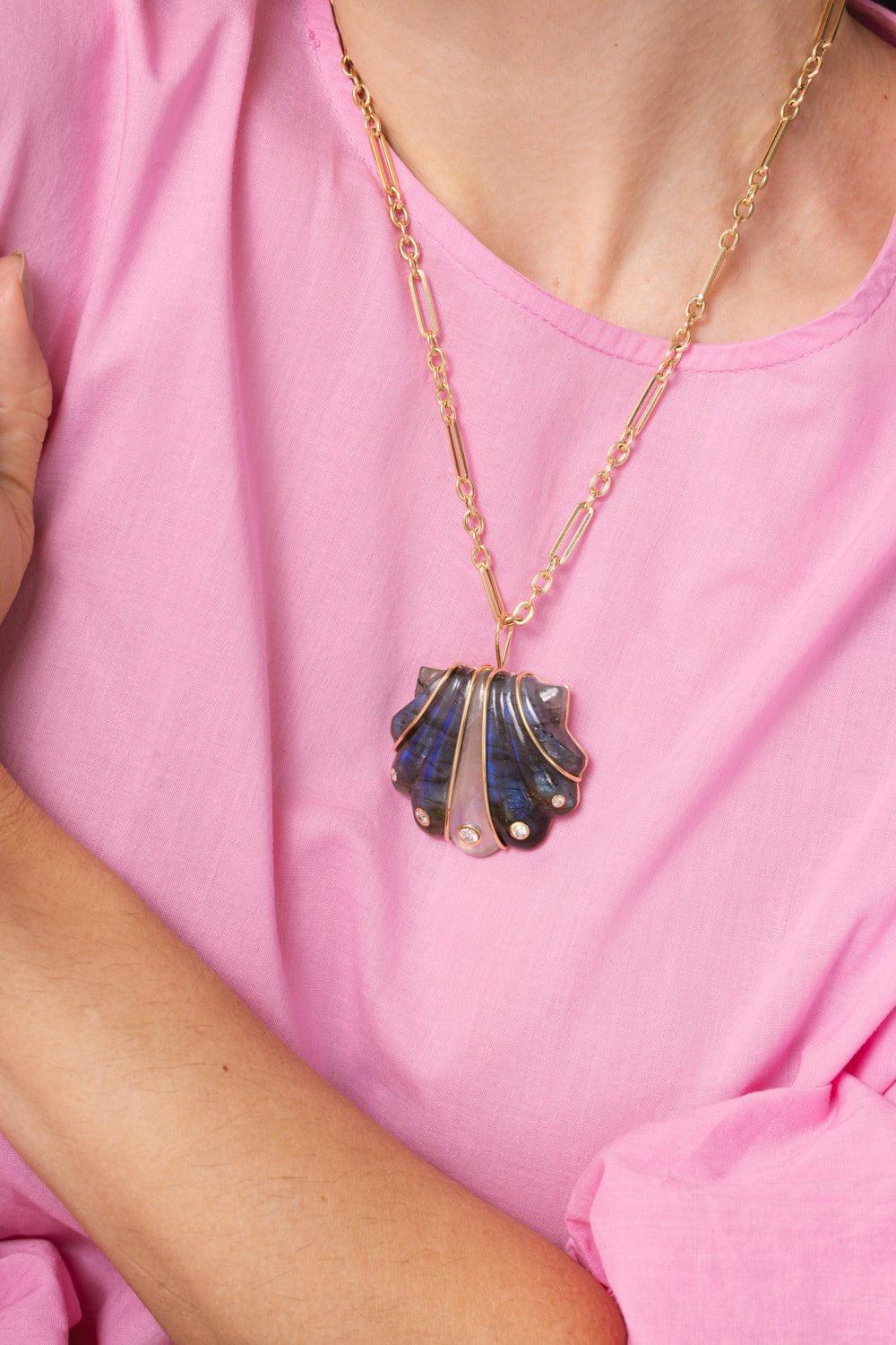 BRENT NEALE-Large Labradorite Moonstone Shell Pendant Necklace-YELLOW GOLD