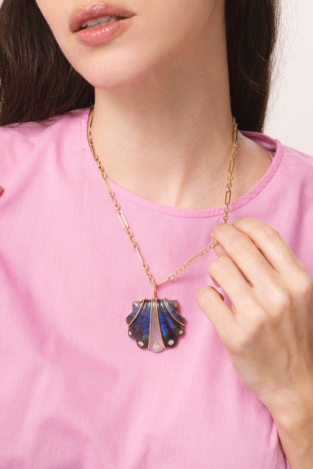 BRENT NEALE-Large Labradorite Moonstone Shell Pendant Necklace-YELLOW GOLD