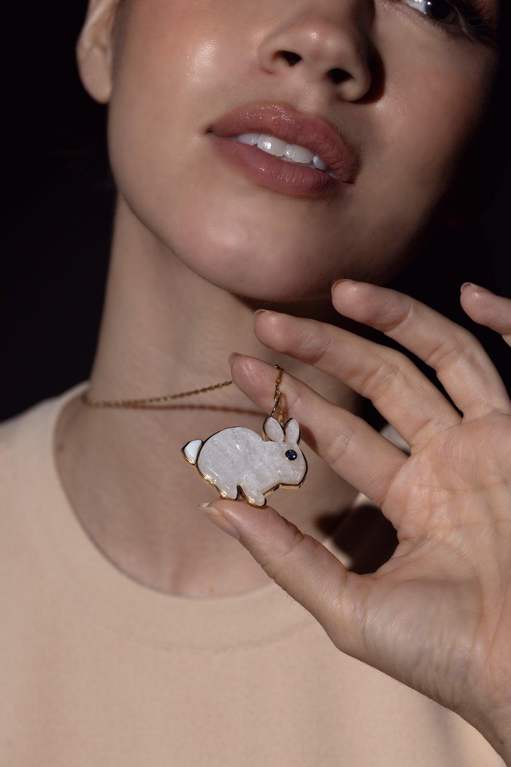 BRENT NEALE-Large Moonstone Bunny Pendant Necklace-YELLOW GOLD