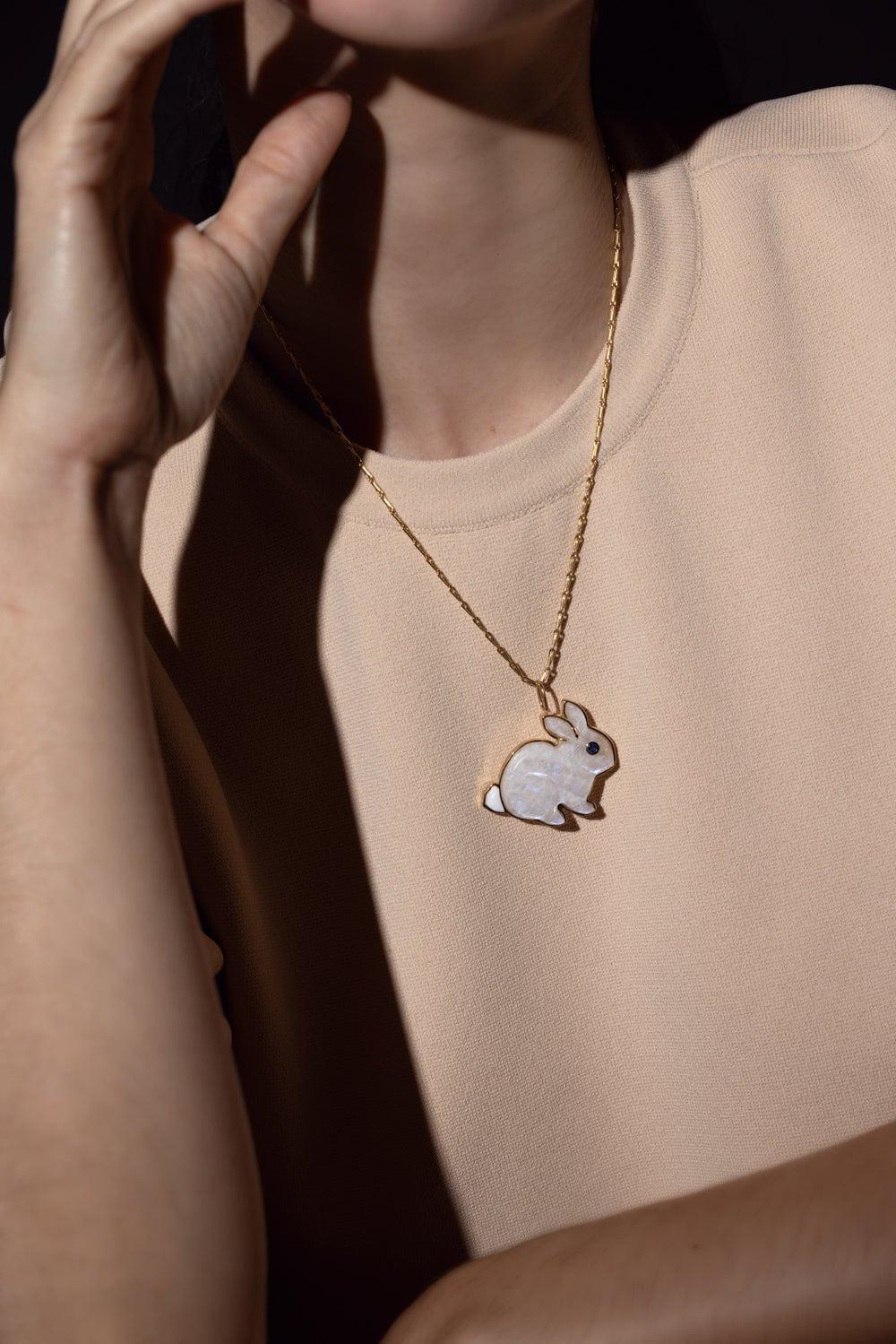 BRENT NEALE-Large Moonstone Bunny Pendant Necklace-YELLOW GOLD
