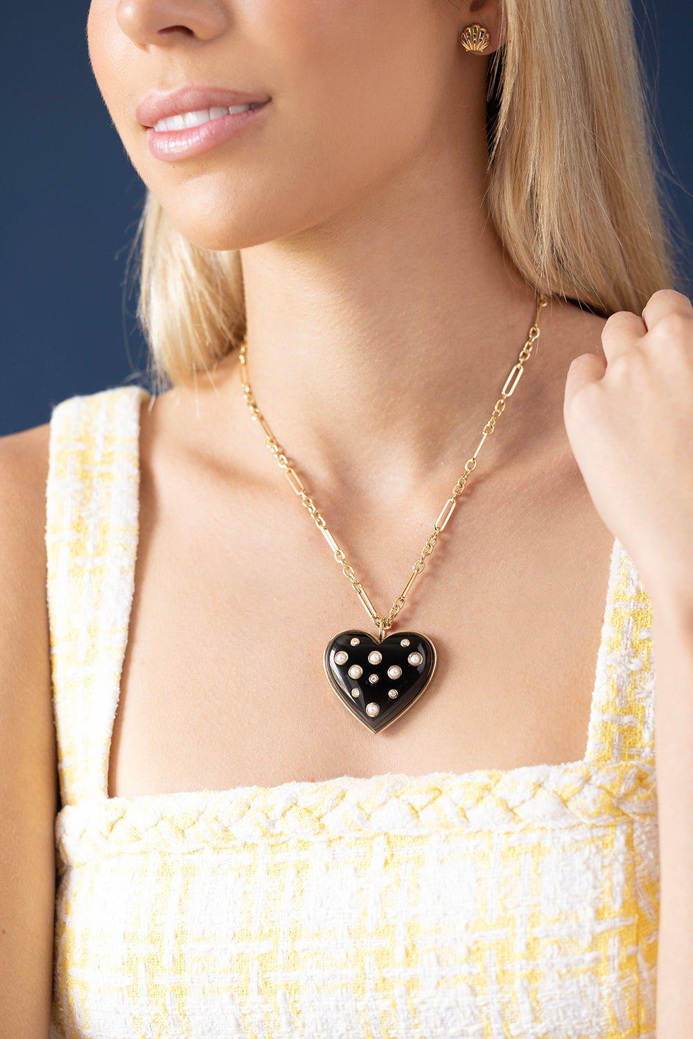 BRENT NEALE-Large Puffy Black Heart Necklace-YELLOW GOLD