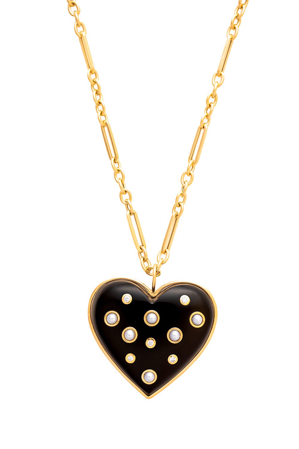 BRENT NEALE-Large Puffy Black Heart Necklace-YELLOW GOLD
