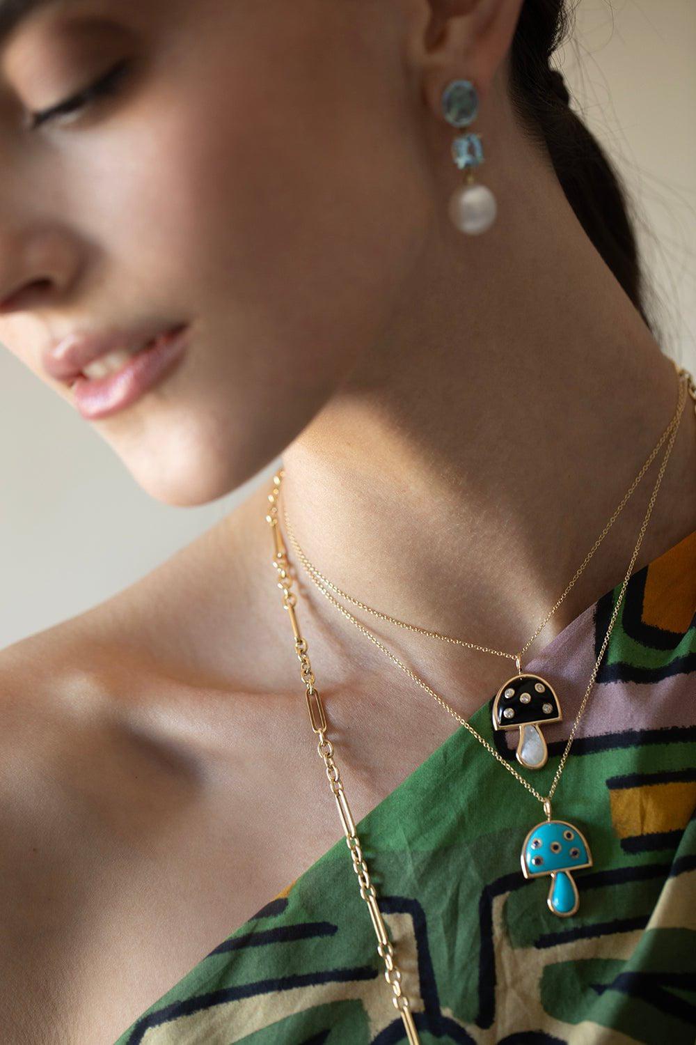 BRENT NEALE-Onyx Moonstone Mini Mushroom Necklace-YELLOW GOLD