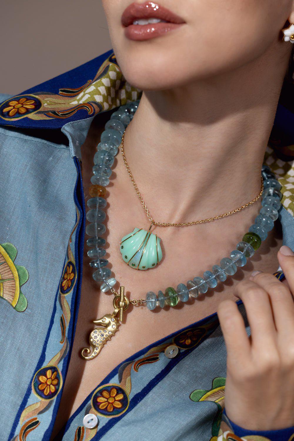 BRENT NEALE-Small Mint Chrysoprase Moonstone Shell Pendant Necklace-YELLOW GOLD