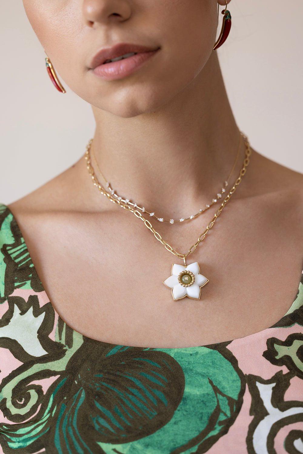 BRENT NEALE-White Agate Daffodil Necklace-YELLOW GOLD