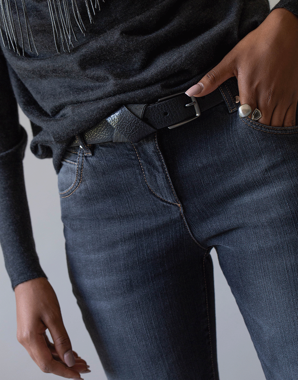 BRUNELLO CUCINELLI-Nero Hammered Shiny Leather Monili Cross Belt-