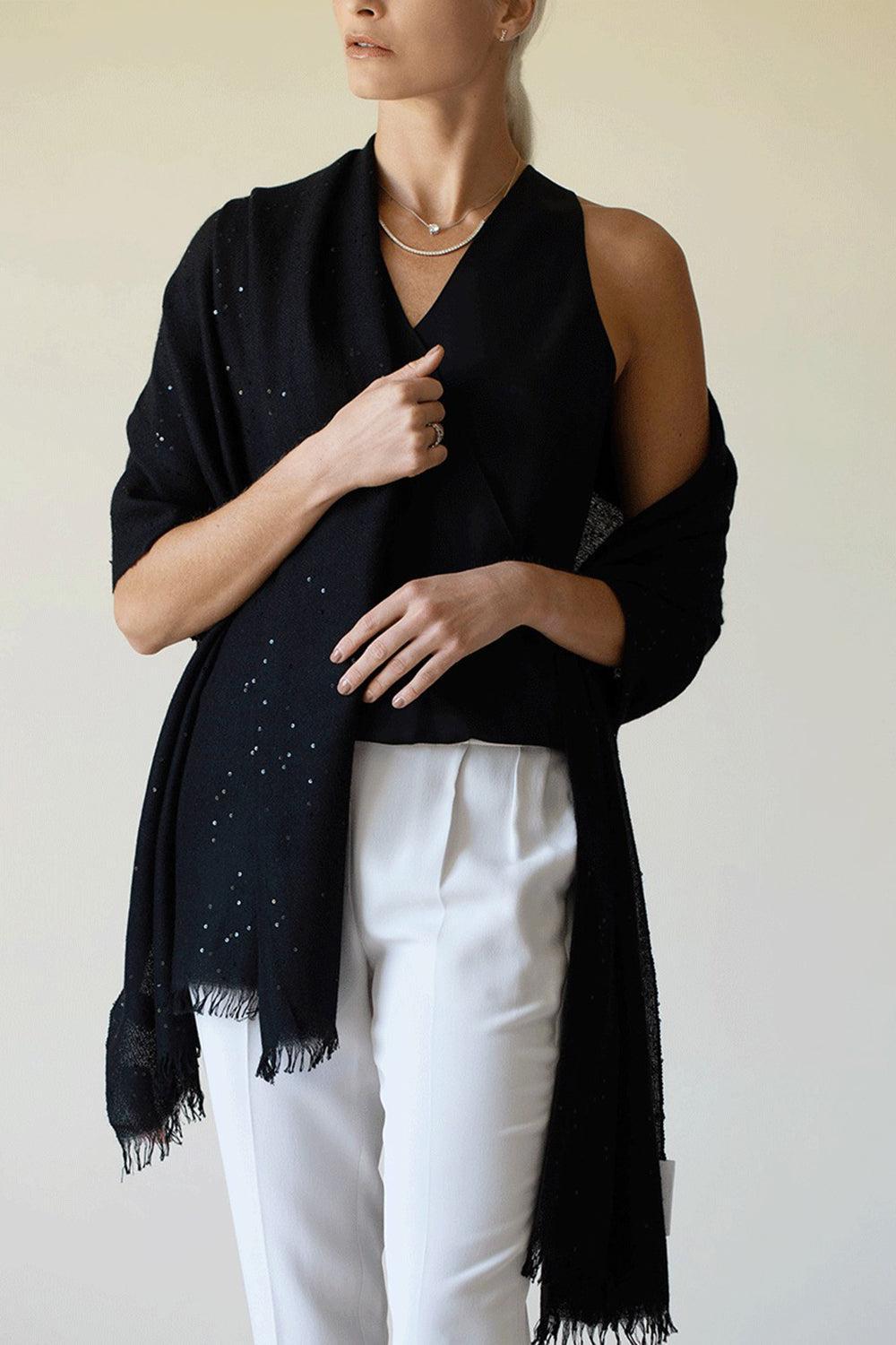 Black Cashmere Silk and Paillette Scarf-BLACK-O/S-ACCESSORIESCARVES-BRUNELLO CUCINELLI
