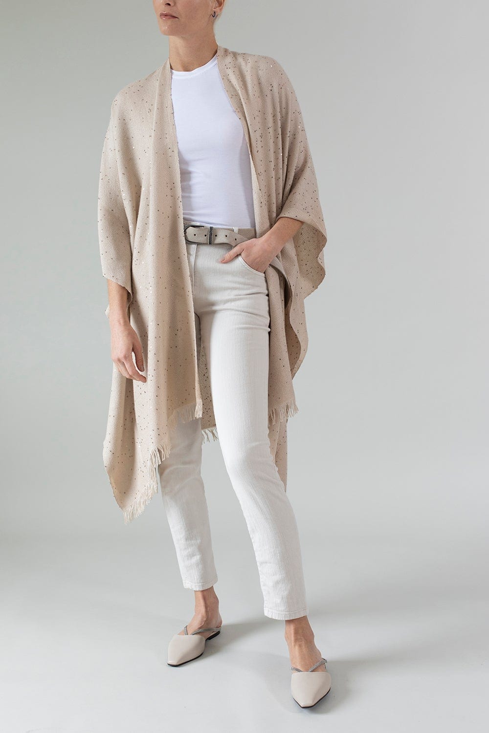 BRUNELLO CUCINELLI-Cashmere Silk Paillette Poncho-ALMOND