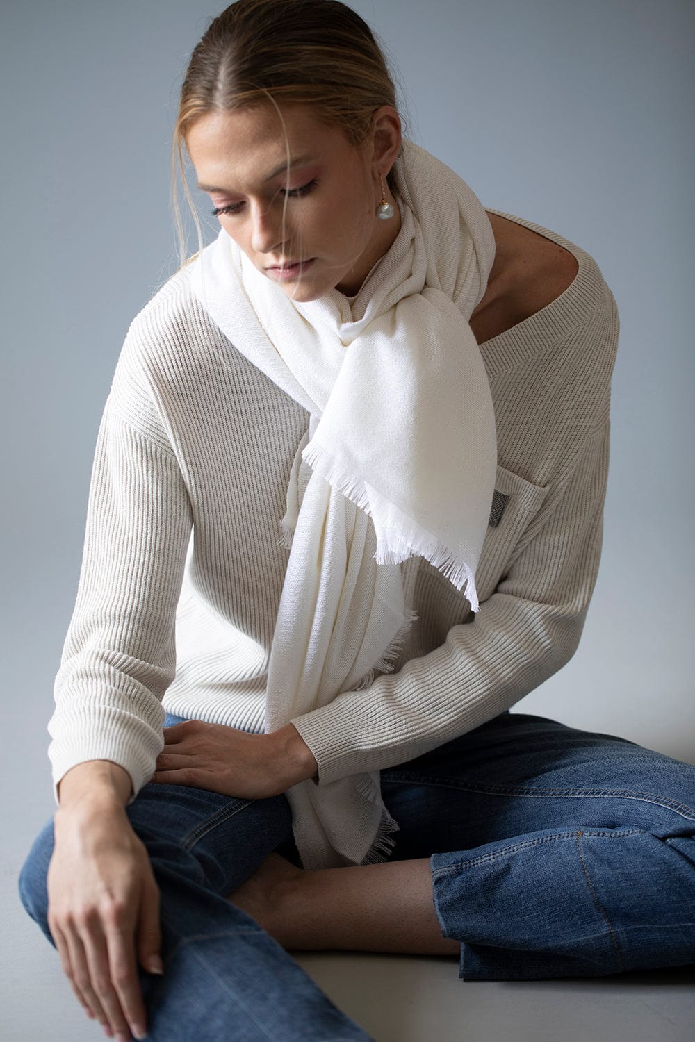 BRUNELLO CUCINELLI-Cashmere Silk Paillette Scarf-BIANCO