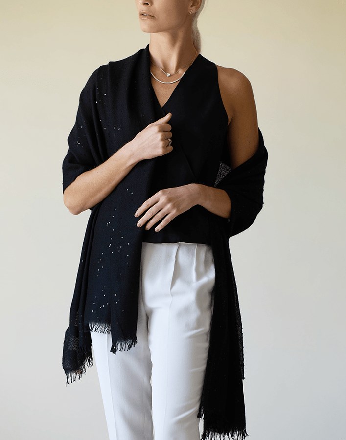 BRUNELLO CUCINELLI-Black Cashmere Silk and Paillette Scarf-BLACK
