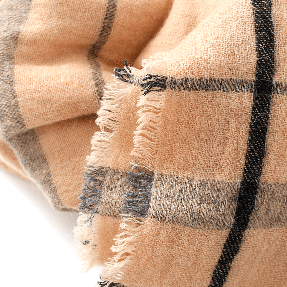 BRUNELLO CUCINELLI-Windowpane Striped Scarf-CAMEL