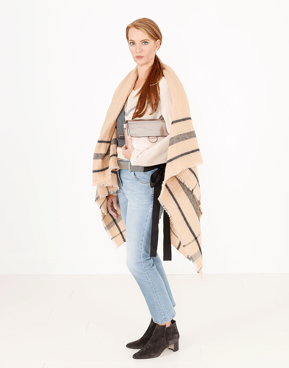 BRUNELLO CUCINELLI-Windowpane Striped Scarf-CAMEL
