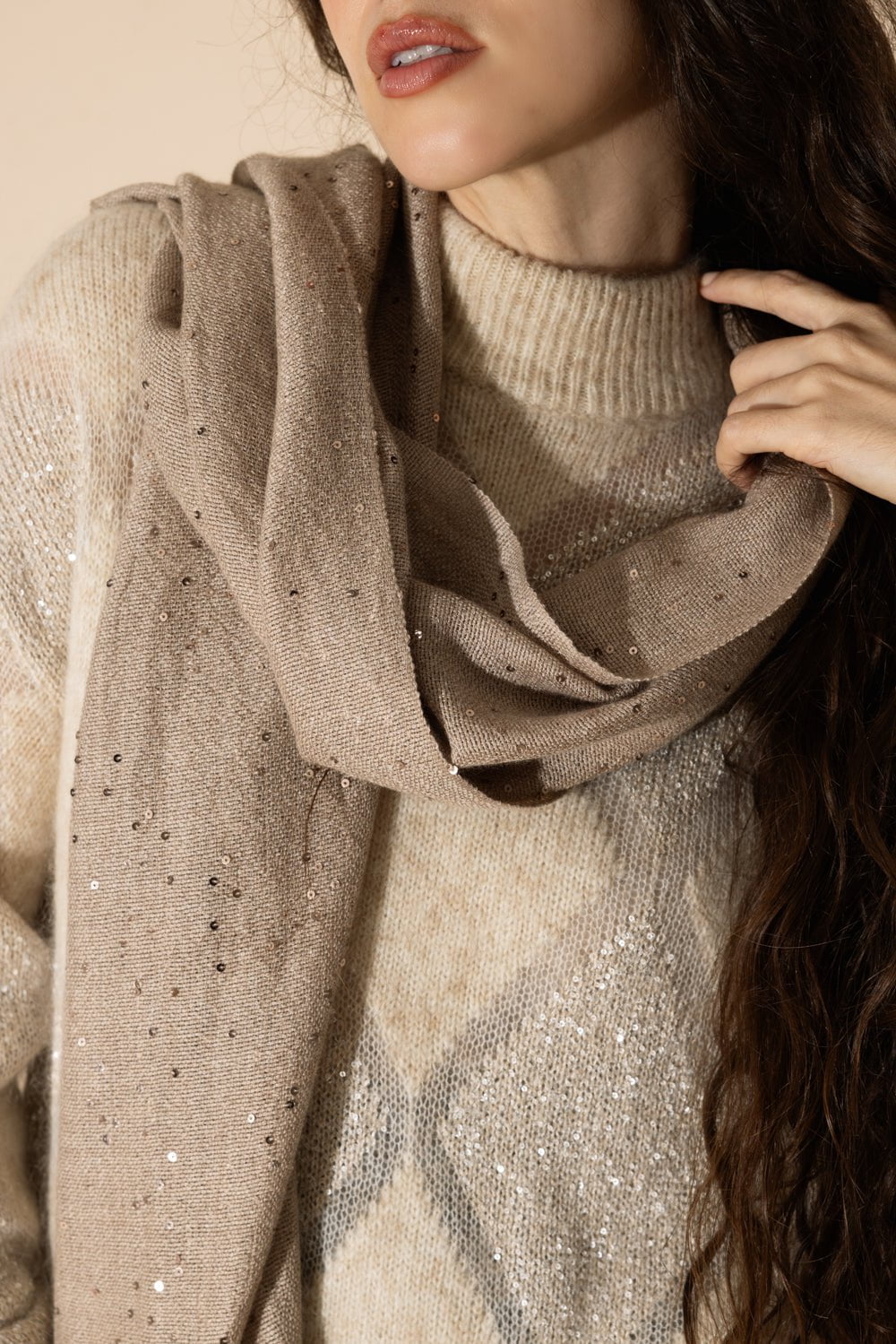 BRUNELLO CUCINELLI-Pailette Scarf - Medium Brown-MED BRWN