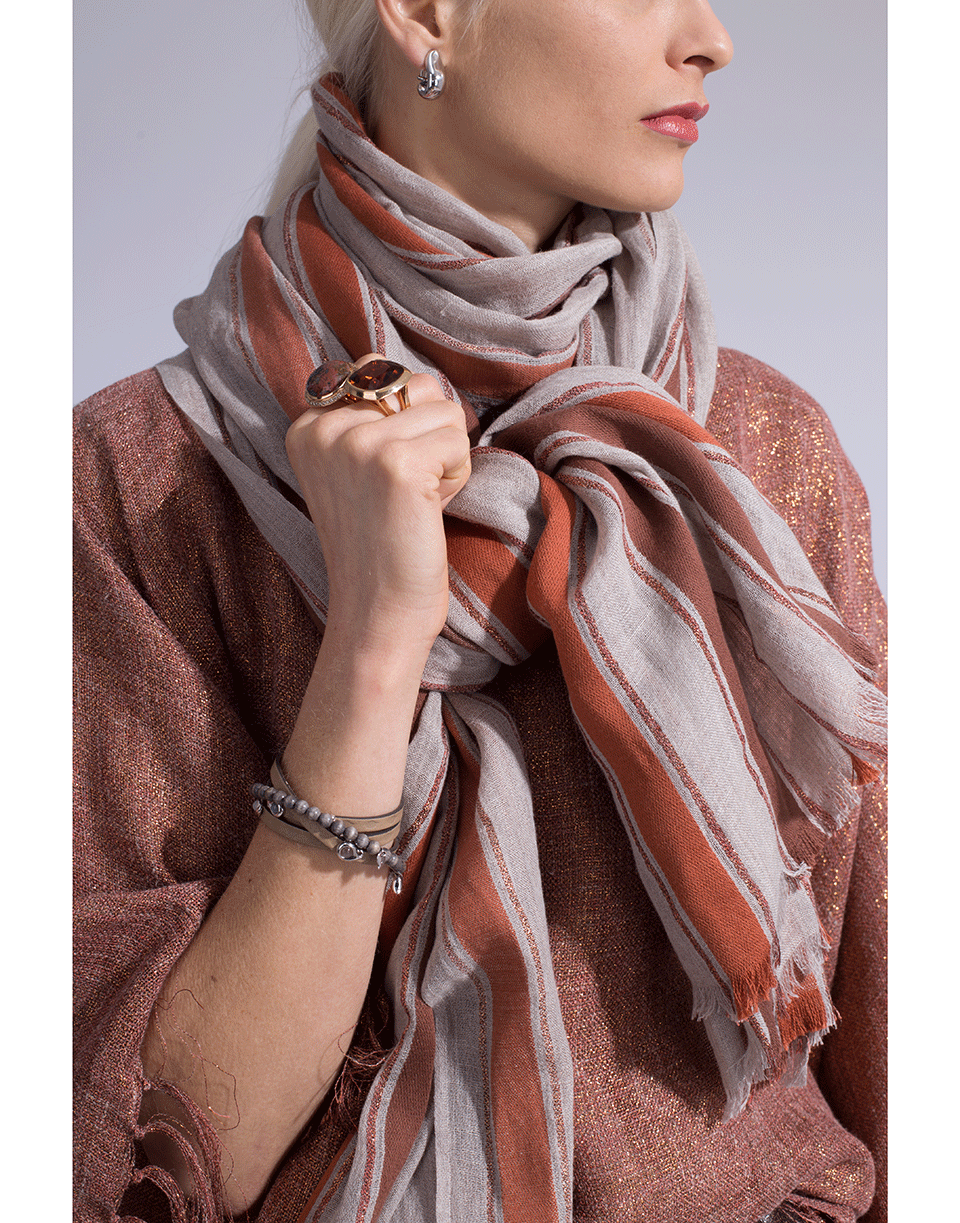 BRUNELLO CUCINELLI-Cotton and Linen Wide Stripe Scarf-ORANGE