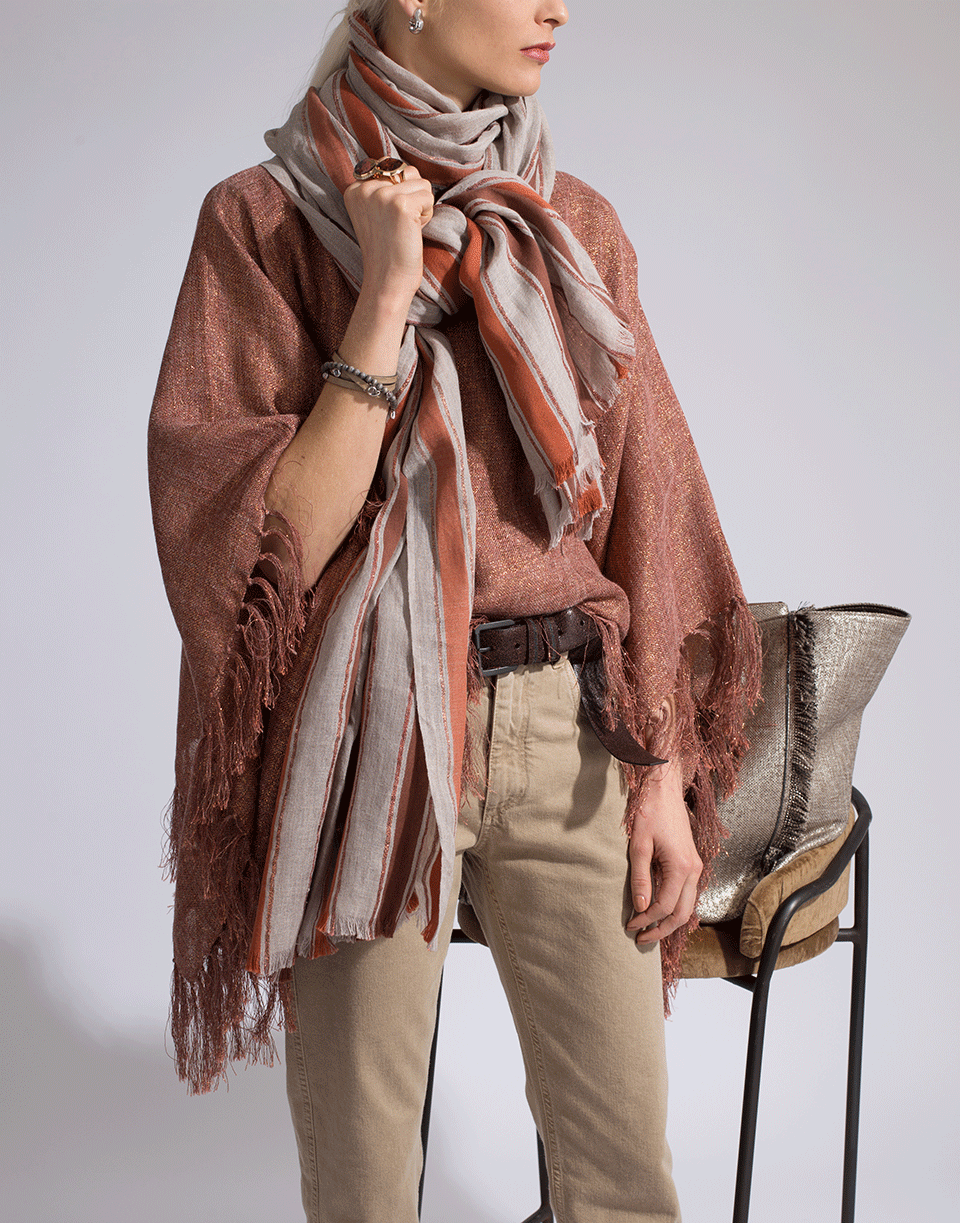 BRUNELLO CUCINELLI-Cotton and Linen Wide Stripe Scarf-ORANGE