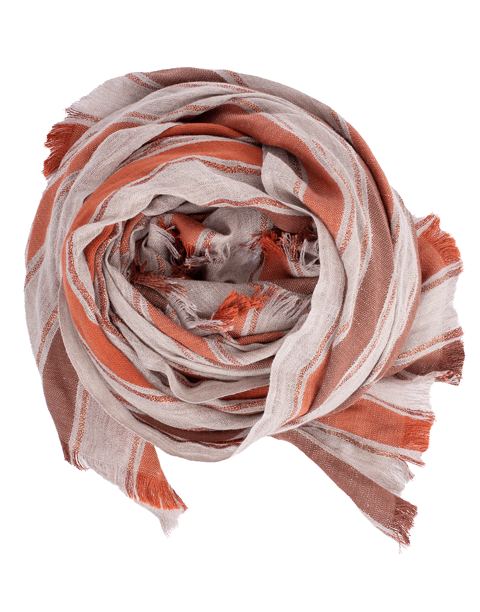 BRUNELLO CUCINELLI-Cotton and Linen Wide Stripe Scarf-ORANGE
