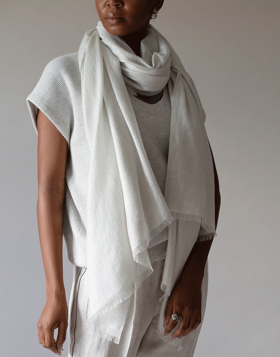 BRUNELLO CUCINELLI-White Cashmere Silk and Paillette Scarf-WHITE