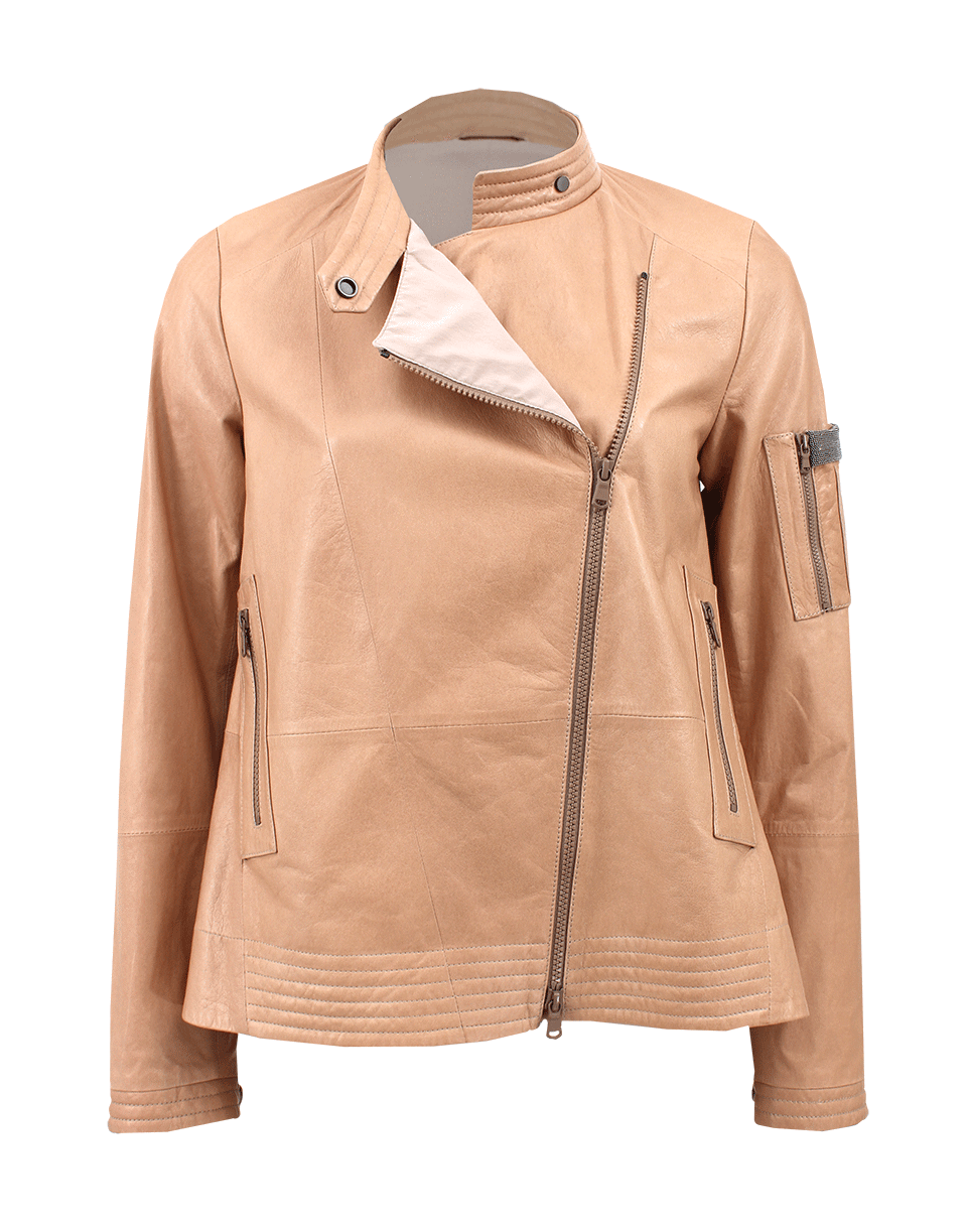 BRUNELLO CUCINELLI-Zip Front Trapeze Leather Jacket-