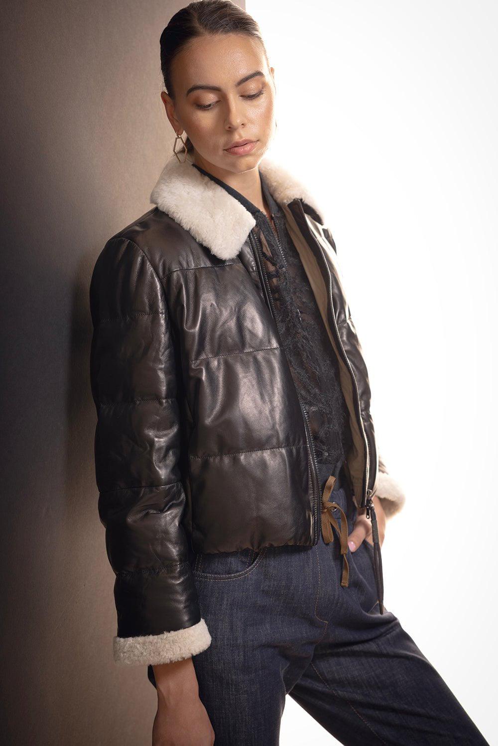 BRUNELLO CUCINELLI-Shearling Collar Leather Jacket-BLACK