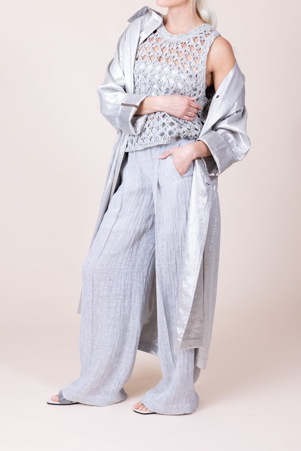 BRUNELLO CUCINELLI-Metallic Double Breasted Long Trench Coat-SILVER