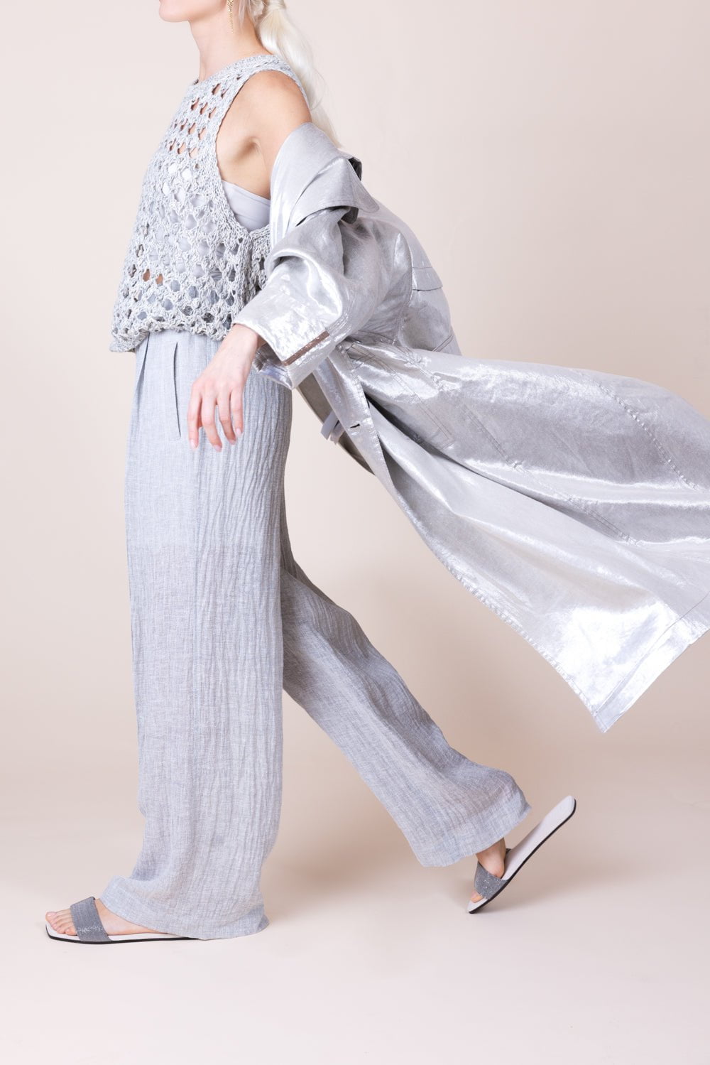 BRUNELLO CUCINELLI-Metallic Double Breasted Long Trench Coat-SILVER