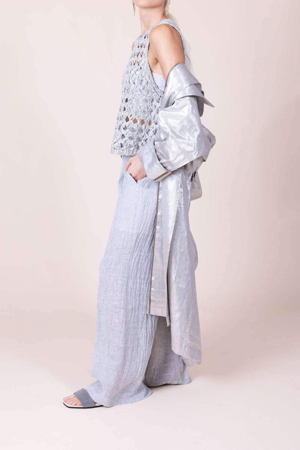 BRUNELLO CUCINELLI-Metallic Double Breasted Long Trench Coat-SILVER
