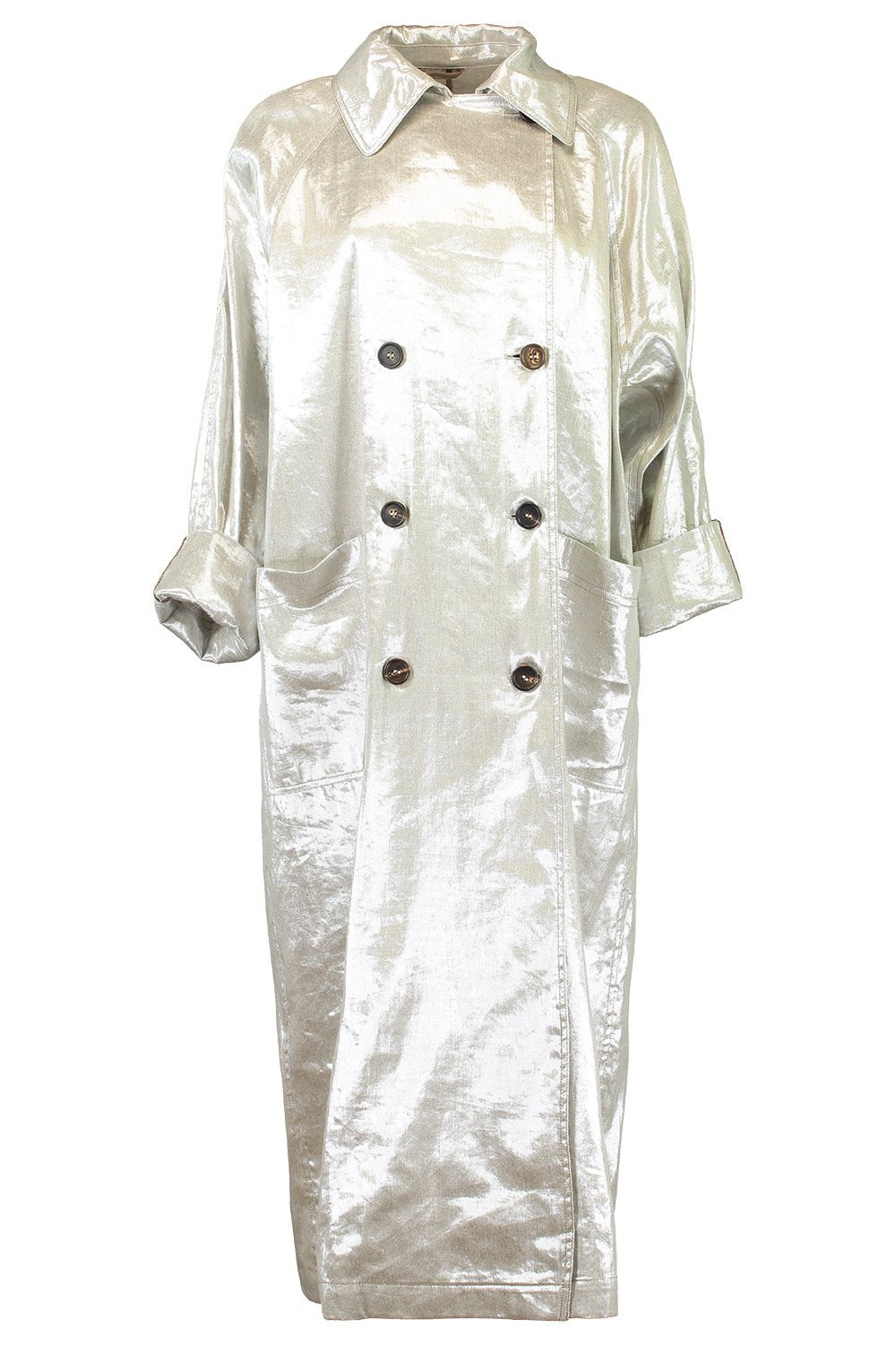 BRUNELLO CUCINELLI-Metallic Double Breasted Long Trench Coat-SILVER